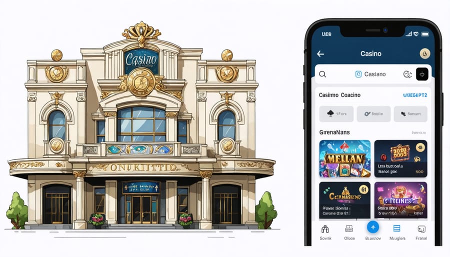 Comparison between traditional casino building and modern online gambling interface