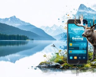 A depiction of Canadian wilderness with a smartphone displaying an online gambling app, highlighting the connection between digital betting and its impact on wildlife conservation.