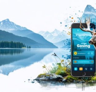 A depiction of Canadian wilderness with a smartphone displaying an online gambling app, highlighting the connection between digital betting and its impact on wildlife conservation.
