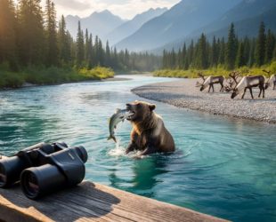 Hockey puck and binoculars on a wooden railing overlooking a salmon river where a grizzly catches fish and a small caribou herd grazes, with conifer forest and mountains at golden hour