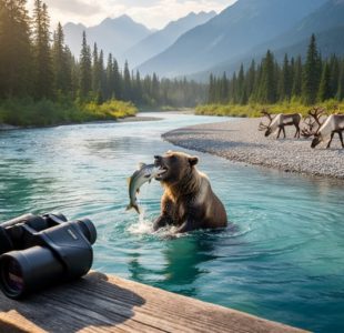 Hockey puck and binoculars on a wooden railing overlooking a salmon river where a grizzly catches fish and a small caribou herd grazes, with conifer forest and mountains at golden hour