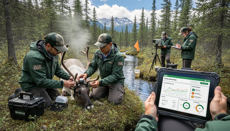 Conservation biologist conducting field research in prairie grassland habitat