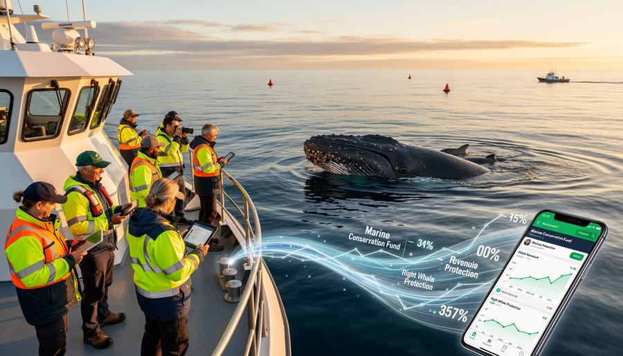 North Atlantic right whale breaching ocean surface in Canadian coastal waters