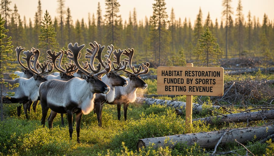 Woodland caribou standing in boreal forest habitat with snow and evergreen trees