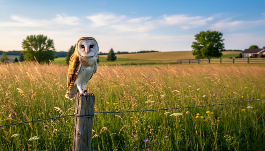 Barn owl in natural grassland habitat with wildflowers and rolling landscape
