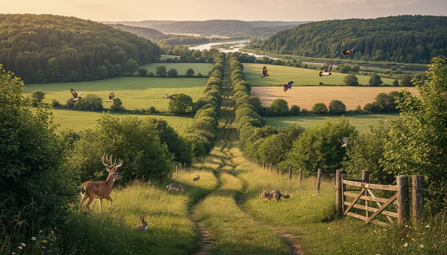 Aerial view of connected Canadian habitats showing forests, wetlands, and meadows forming wildlife corridors