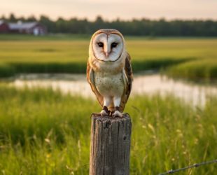 Barn owl perched on a weathered fence post beside a Canadian prairie wetland at golden hour, with a softly blurred farmhouse and treeline in the background.