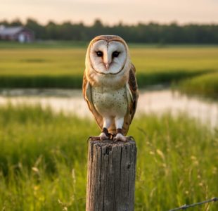 Barn owl perched on a weathered fence post beside a Canadian prairie wetland at golden hour, with a softly blurred farmhouse and treeline in the background.