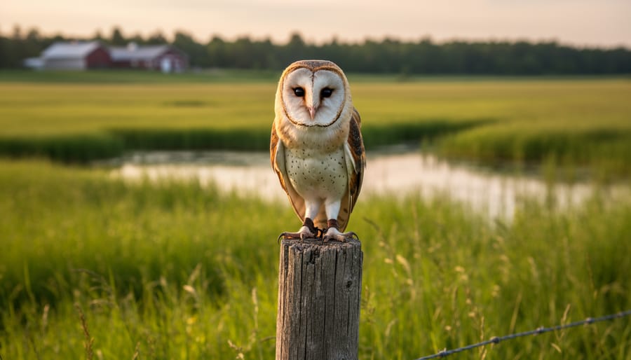 Barn owl perched on a weathered fence post beside a Canadian prairie wetland at golden hour, with a softly blurred farmhouse and treeline in the background.