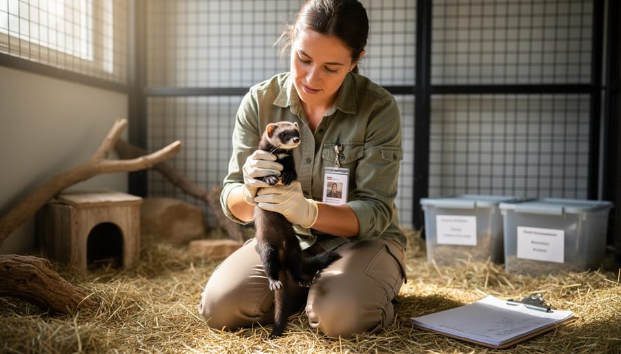 A conservation biologist monitoring a black-footed ferret in a secure enclosure