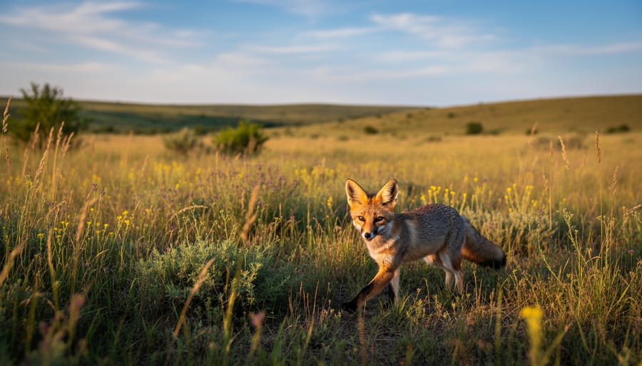 A swift fox standing in restored prairie grass during golden hour