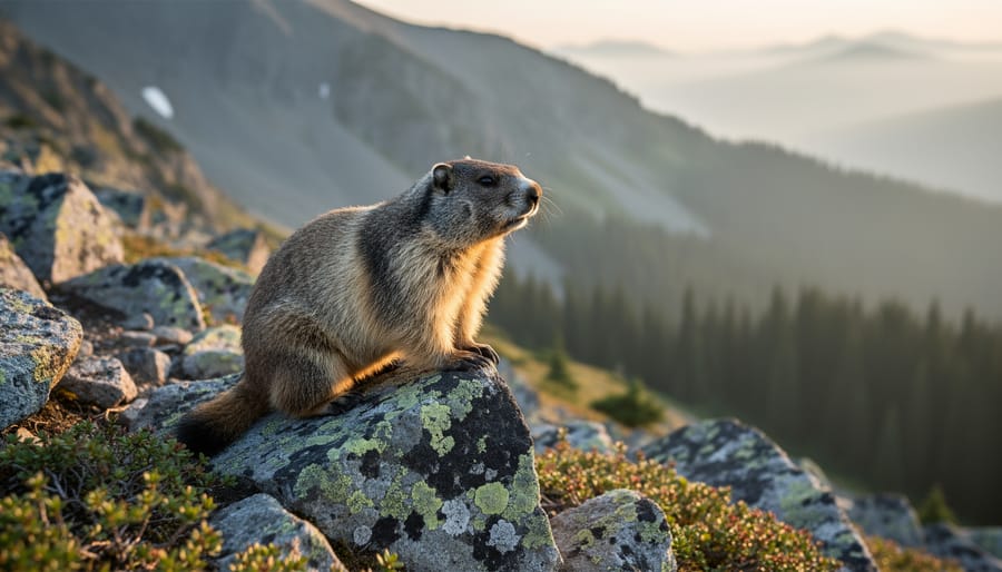 A Vancouver Island marmot standing on rocky ground with grass in its habitat