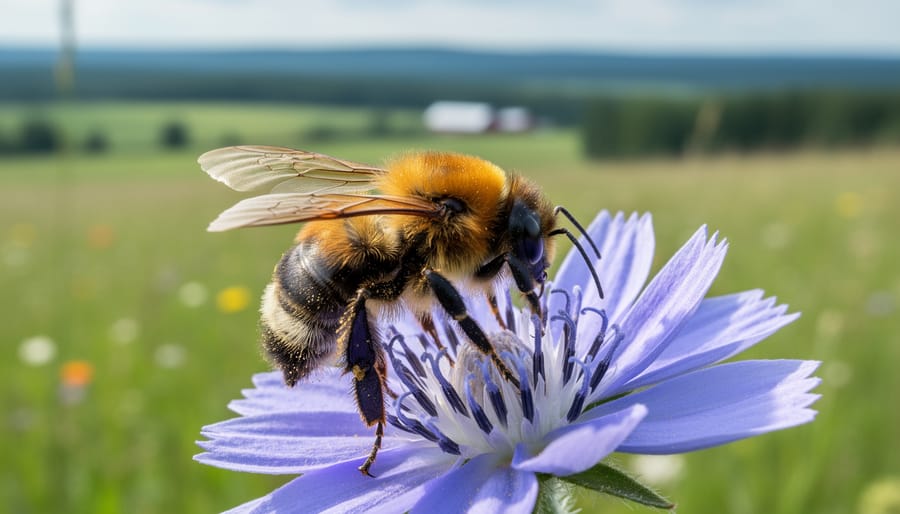 Close-up of a rusty patched bumble bee feeding on a native wildflower