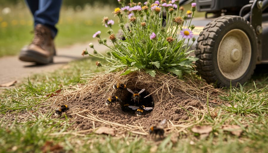 Close-up of ground-level nesting material and soil that represent bumble bee nesting habitat