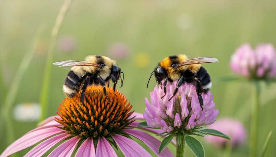 Rusty patched bumble bee and a common bumble bee on blossoms in a meadow
