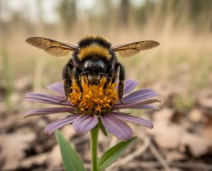 Close-up of a rusty patched bumble bee resting on a native wildflower in a prairie woodland-edge habitat, with a visible rust-colored patch on its abdomen.