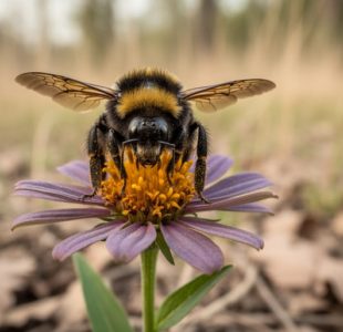 Close-up of a rusty patched bumble bee resting on a native wildflower in a prairie woodland-edge habitat, with a visible rust-colored patch on its abdomen.