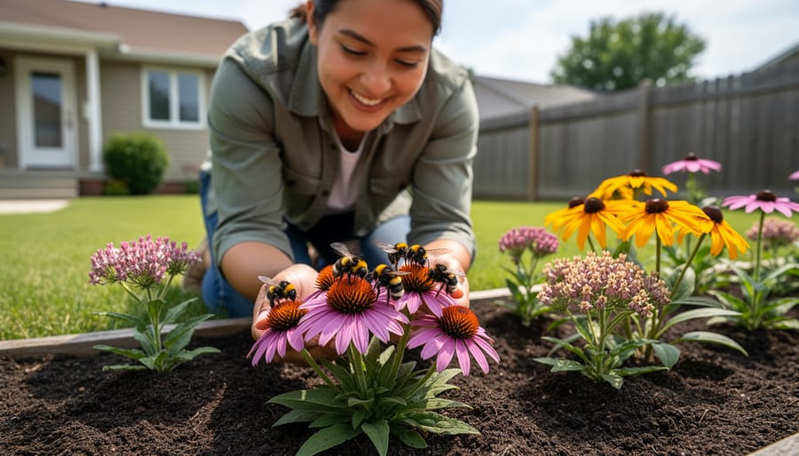 Volunteer gardener kneeling in a native pollinator garden while a bumble bee visits nearby flowers