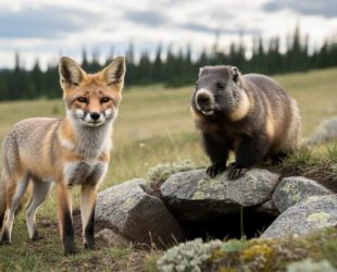Swift fox and Vancouver Island marmot in a rugged Canadian grassland habitat, representing wildlife recovery and reintroduction.