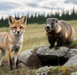 Swift fox and Vancouver Island marmot in a rugged Canadian grassland habitat, representing wildlife recovery and reintroduction.