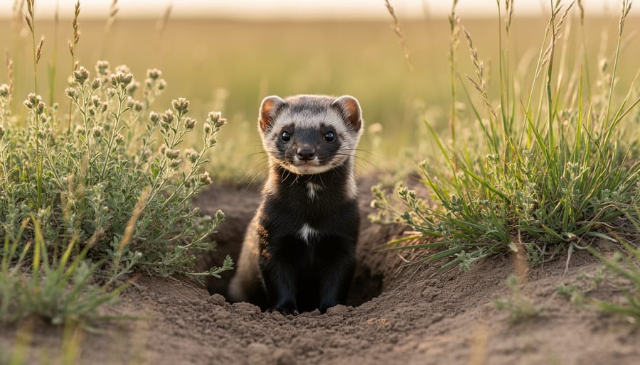 Black-footed ferret peeking from a burrow entrance in native prairie grass