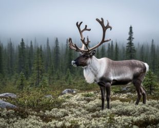 Woodland caribou standing in a lichen-covered boreal forest habitat in Canada with misty trees in the background.