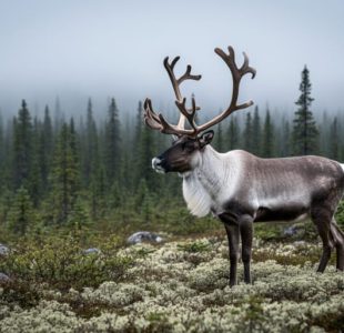 Woodland caribou standing in a lichen-covered boreal forest habitat in Canada with misty trees in the background.