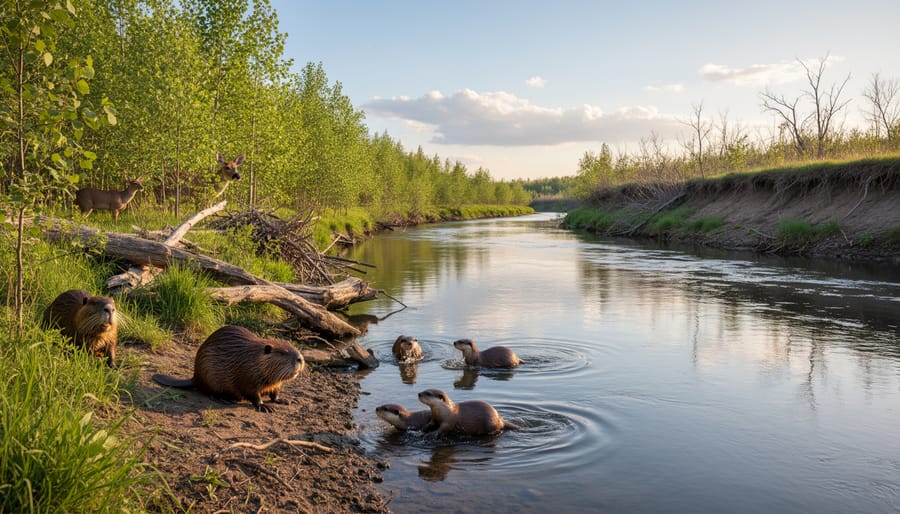 Restored riparian vegetation along a Canadian riverbank with a conservation fence in the background