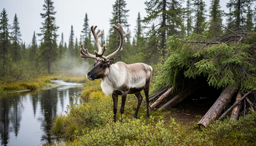 Woodland caribou standing in a boreal forest clearing near lichen-covered ground and a small stream