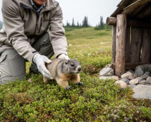 A conservation worker releasing a Vancouver Island marmot onto an alpine meadow in Canada near a natural wildlife enclosure.