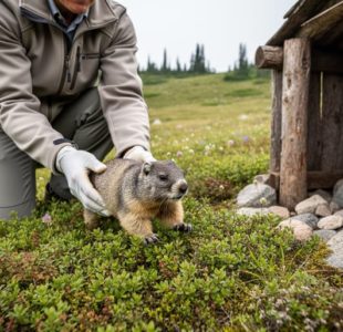 A conservation worker releasing a Vancouver Island marmot onto an alpine meadow in Canada near a natural wildlife enclosure.