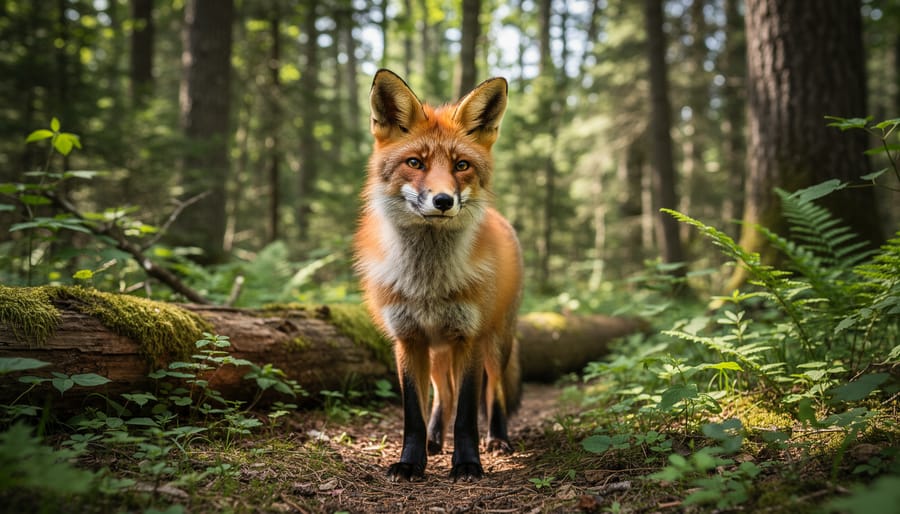 Red fox standing on a mossy forest floor in Canadian woodland habitat