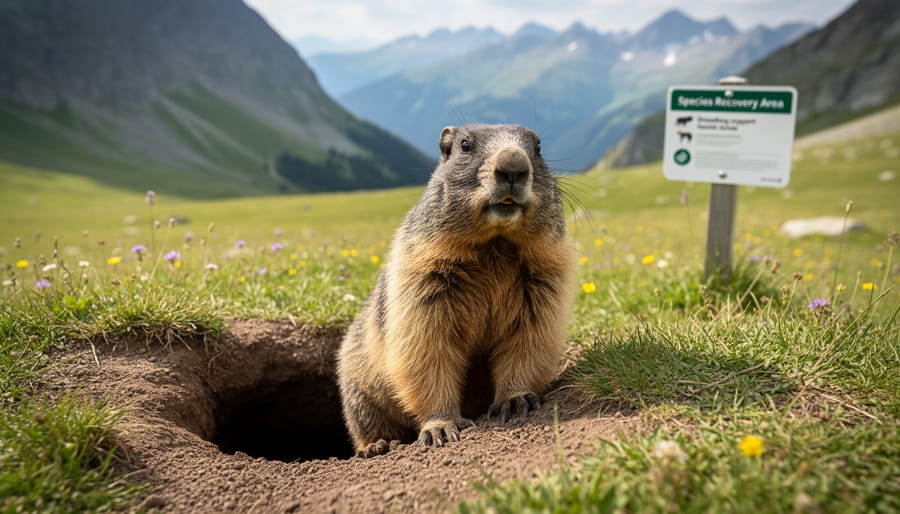 Vancouver Island marmot near a burrow entrance on a rocky hillside