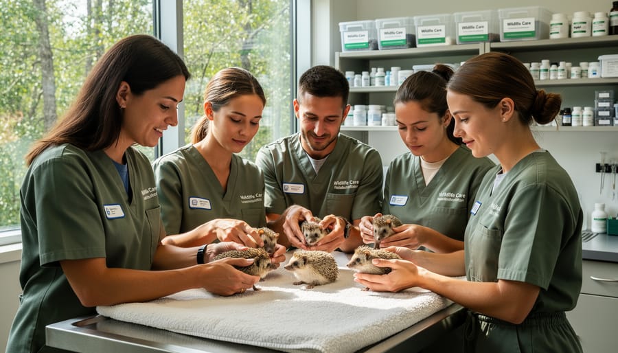 Wildlife volunteer holding a small raccoon kit with gloves in a rehabilitation setting