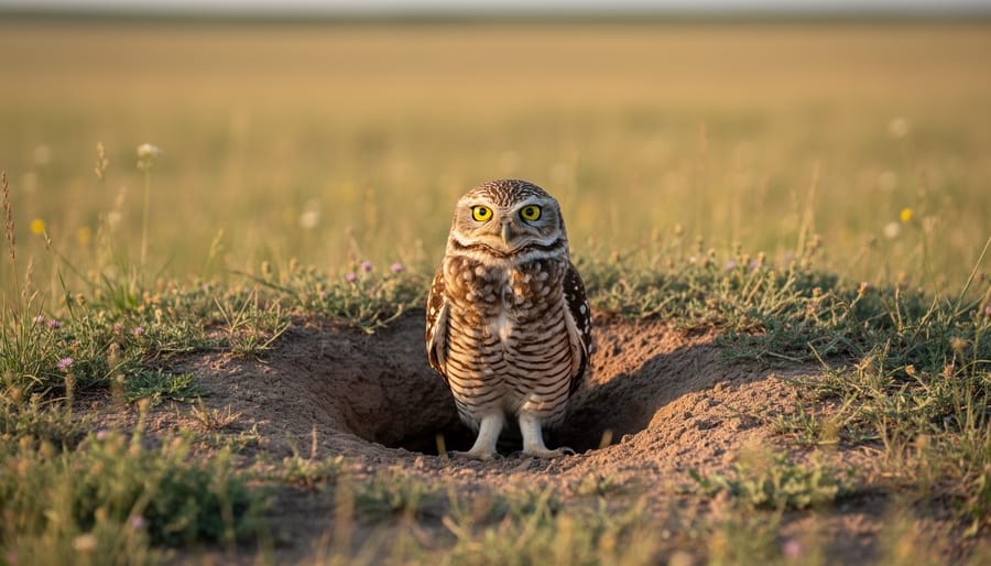 Burrowing owl perched at the entrance of a prairie burrow with native grasses in the background