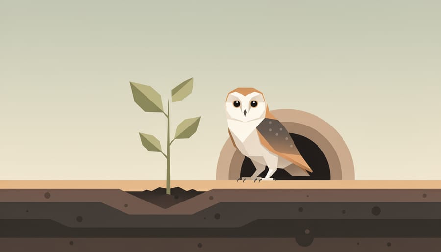 Burrowing owl near an open burrow with prairie grasses emerging in the foreground and blurred prairie background