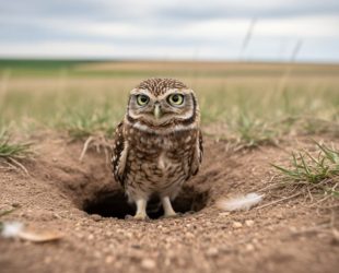 Burrowing owl standing at the entrance of a prairie burrow with grass and dusty ground in the foreground and a blurred prairie landscape behind it.