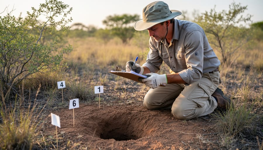 Volunteer observing an artificial burrow site on prairie grassland with native grasses in the background